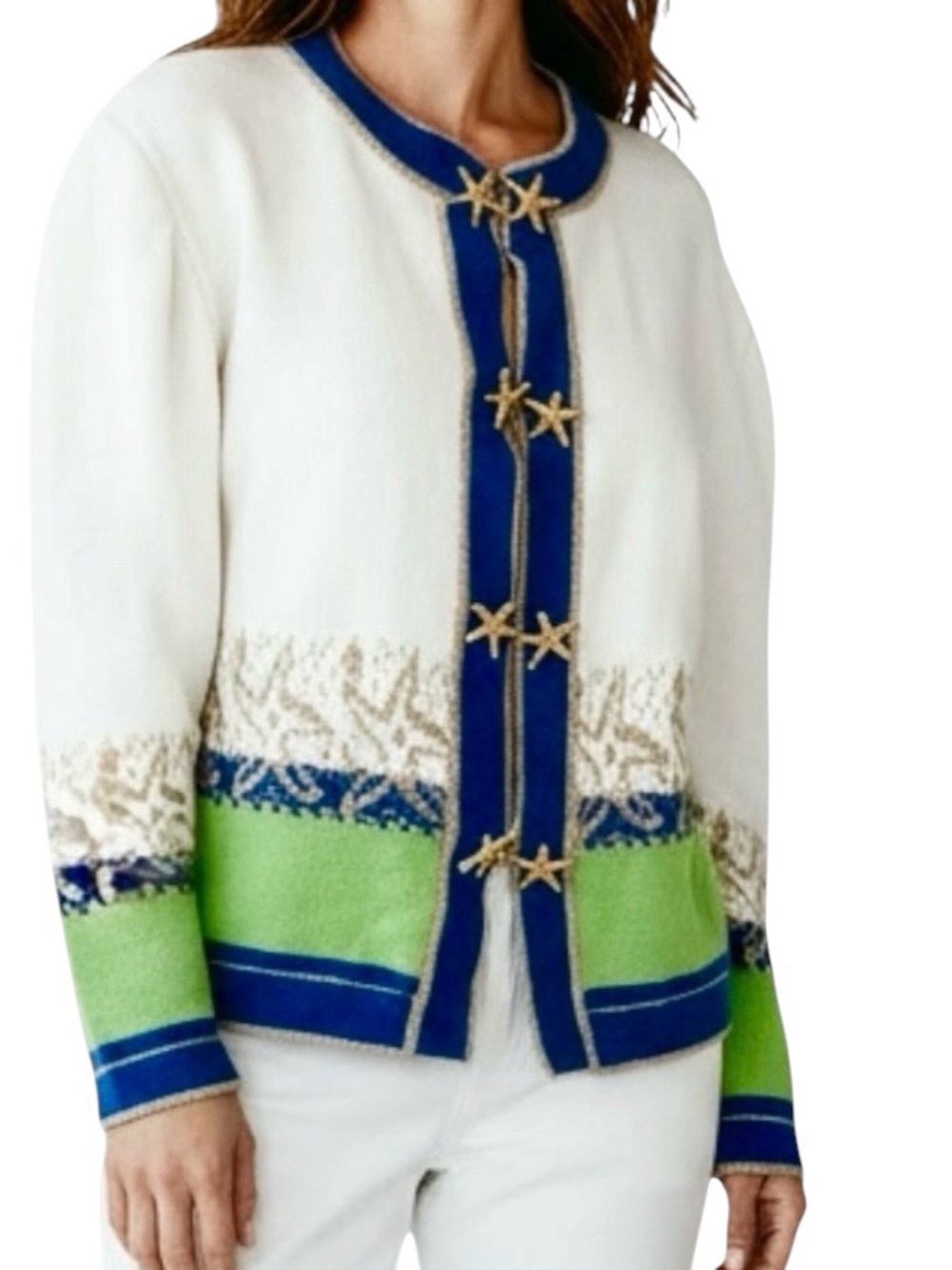 Bloomingdale’s Vintage Cardigan Nautica Starfish Gold Trim & Closures Sweater S